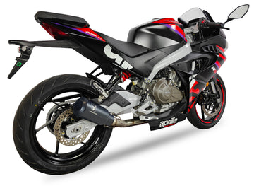 IXRACE MK2 Black exhaust system for Aprilia RS 457 2024-26 with stainless steel collector, 180 mm silencer and removable dB killer_1
