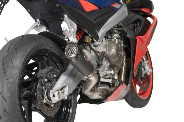 QD Titanium Gunshot Dark full exhaust system Aprilia RS 660 with carbon fibre end cap and stainless steel headers_1