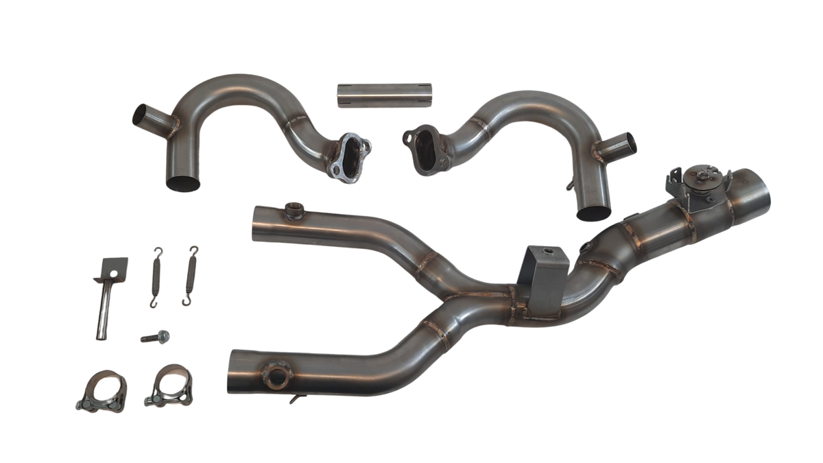 QD Modular No Kat Mid Pipe Kit for the BMW R1200GS. Available at Motorcycle Performance Store.