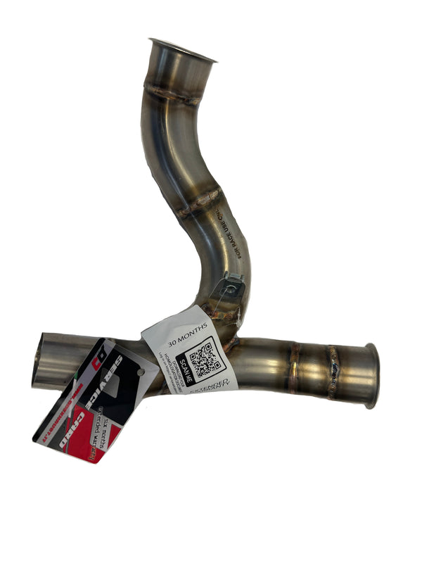 QD stainless steel decat pipe replacing the original catalytic converter for Ducati Desert-X 2022–2026 performance exhaust system