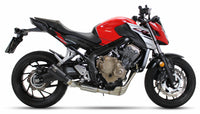 Ixrace MK2 black full exhaust system installed on Honda CB650F 2014-2018 with GP-style outlet