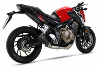 Ixrace MK2 black full exhaust system installed on Honda CB650F 2014-2018 with GP-style outlet