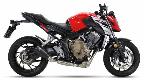 Ixrace MK2 black full exhaust system installed on Honda CB650F 2014-2018 with GP-style outlet