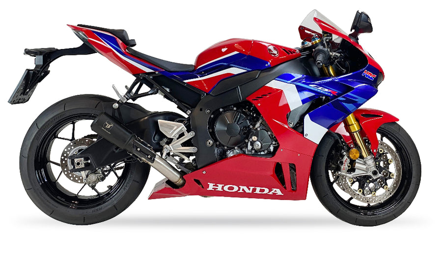 Ixrace MK2 black MotoGP style silencer fitted to Honda CBR1000RR-R 2020-2026 with carbon fibre heat shield