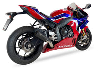 Ixrace MK2 black MotoGP style silencer fitted to Honda CBR1000RR-R 2020-2026 with carbon fibre heat shield