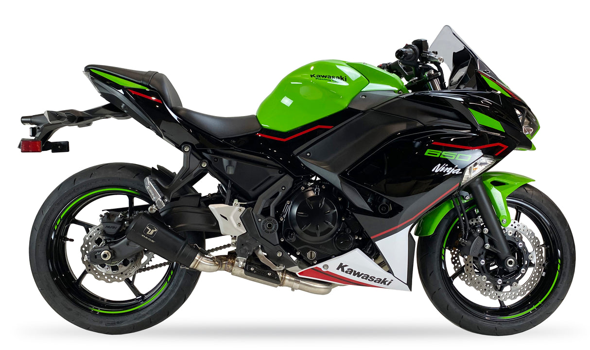 Ixrace MK2 Black Exhaust System installed on a Kawasaki Ninja 650 2023 to 2025