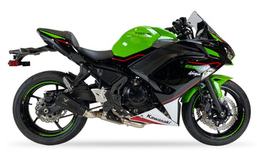 Ixrace MK2 Black Exhaust System installed on a Kawasaki Ninja 650 2023 to 2025