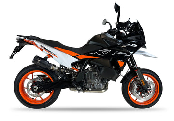 Ixrace MK2 black conical slip-on exhaust silencer fitted to KTM 890 SMT 2023–2026