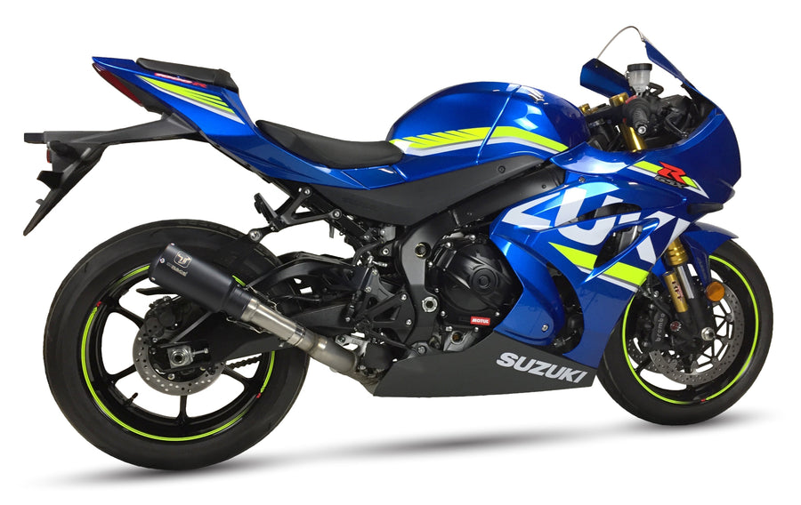 Ixrace MK2 Black slip-on silencer installed on Suzuki GSX-R1000 2017-2024 with GP-style outlet