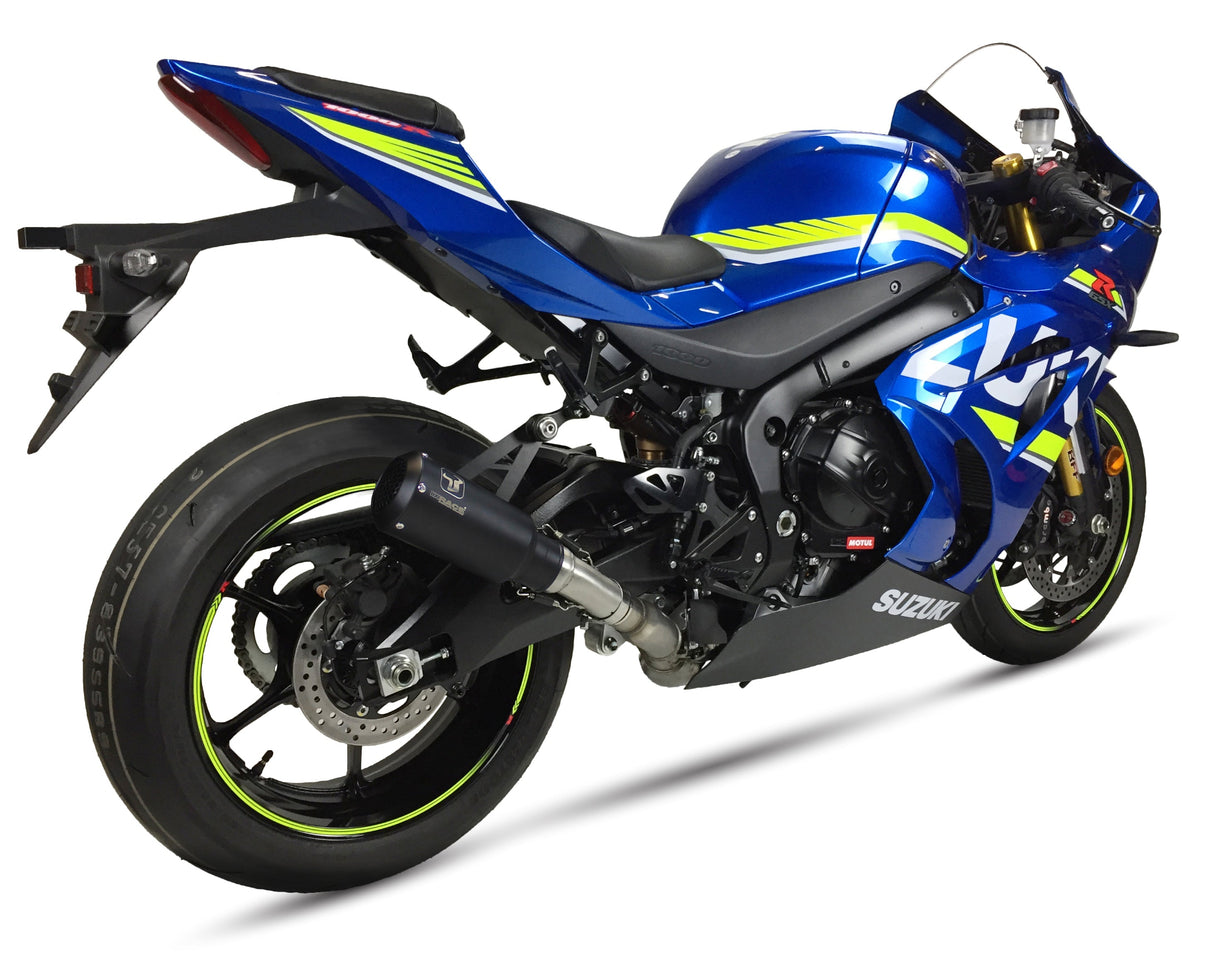 Ixrace MK2 Black slip-on silencer installed on Suzuki GSX-R1000 2017-2024 with GP-style outlet_1