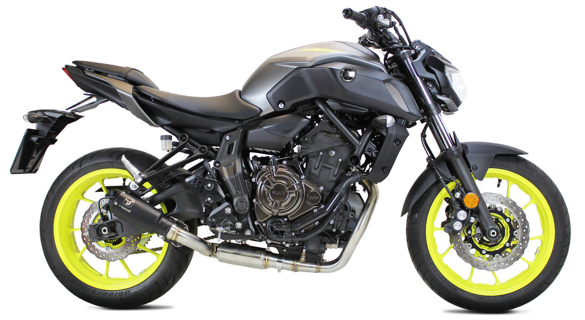 Ixrace MK2 Black full exhaust system installed on Yamaha MT-07 with GP-style outlet 2013-2020