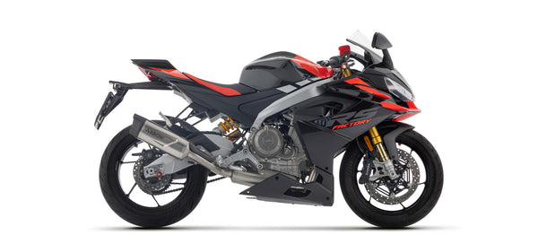 Arrow Indy Race EVO full racing exhaust system with Dark Aluminium or Dark Titanium silencer, stainless steel collectors, stainless steel link pipe and carbon fibre end cap for Aprilia RS 660 2025–2026