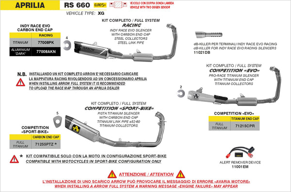 Arrow Indy Race EVO full racing exhaust system with Dark Aluminium or Dark Titanium silencer, stainless steel collectors, stainless steel link pipe and carbon fibre end cap for Aprilia RS 660 2025–2026_4