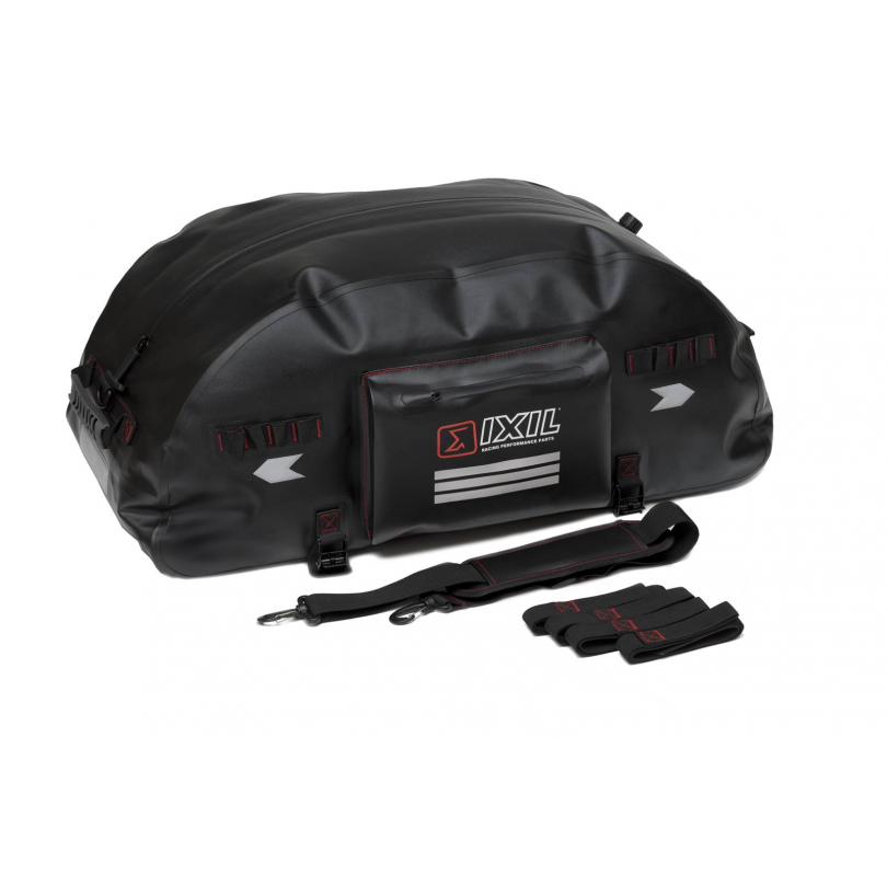 IXIL 65 litre waterproof motorcycle luggage bag black TPU roll bag with straps and reflective strips for touring use
