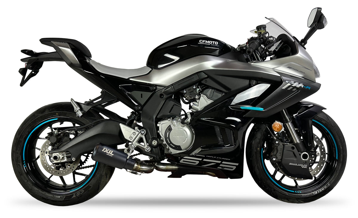 IXIL Race Xtrem Black Full Exhaust System for CF Moto 675 SR-R with 230 mm AISI304 stainless steel conical silencer, headers and removable dB killer
