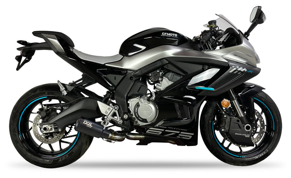 IXIL Race Xtrem Black Full Exhaust System for CF Moto 675 SR-R with 230 mm AISI304 stainless steel conical silencer, headers and removable dB killer