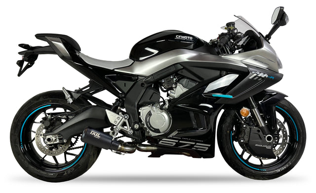 IXIL Race Xtrem Black Full Exhaust System for CF Moto 675 SR-R with 230 mm AISI304 stainless steel conical silencer, headers and removable dB killer