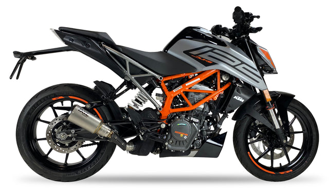 IXIL CM3259RC Race Xtrem Carbon Slip-On Exhaust KTM Duke 390 2021-23, satin matt stainless steel conical silencer with gloss carbon-fibre end cap and removable dB killer