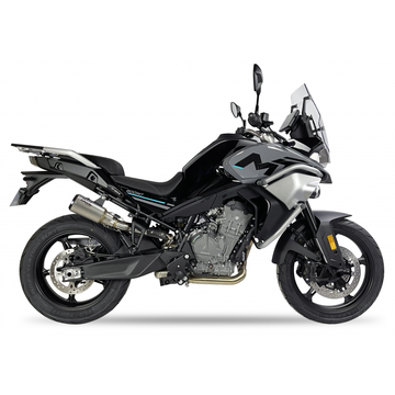 Ixil Race Xtrem stainless steel slip-on exhaust with carbon fibre end cap fitted to CF Moto 800MT 2025–2026
