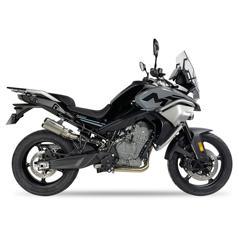 Ixil Race Xtrem stainless steel slip-on exhaust with carbon fibre end cap fitted to CF Moto 800MT 2025–2026