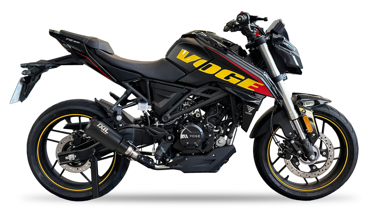 Ixil Race Xtrem black conical full exhaust system for Voge 125 R with stainless collectors, carbon heat shield and lambda sensor port