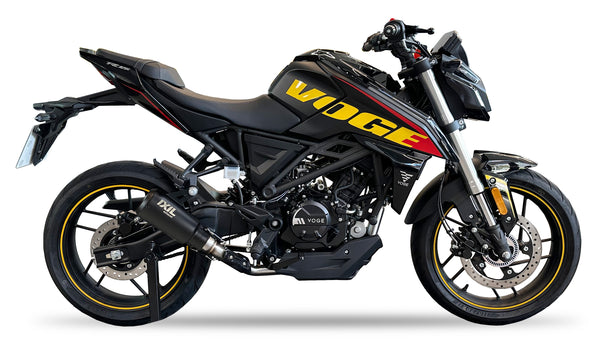 Ixil Race Xtrem black conical full exhaust system for Voge 125 R with stainless collectors, carbon heat shield and lambda sensor port