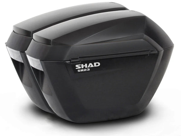 SHAD SH23 black motorcycle panniers 23 litre slim waterproof side cases lightweight aerodynamic design