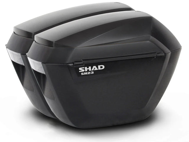 SHAD SH23 black motorcycle panniers 23 litre slim waterproof side cases lightweight aerodynamic design