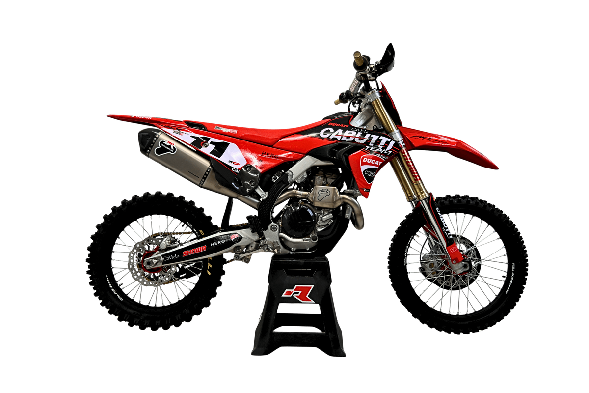 Termignoni underseat titanium racing exhaust fitted to Ducati Desmo MX 450 2025-2026 motocross bike