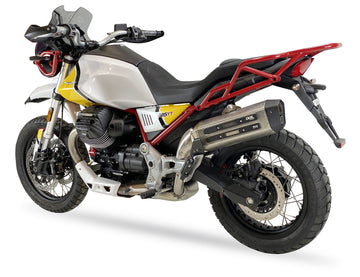 IXIL Mega Xtrem Trail dual-exit stainless steel slip-on silencer for Moto Guzzi V85 TT 2018-22, satin-polished hexoval exhaust with asymmetric black conical end cap, removable upper dB killer and side pannier compatibility_1