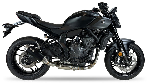 Ixil Sport Xtrem Black full exhaust system fitted to Yamaha MT-07 with round matte black silencer