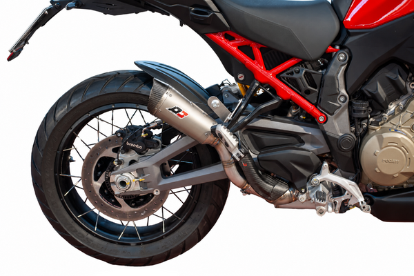 QD Gunshot titanium and carbon fibre road legal slip-on silencer for Ducati Multistrada V4 compatible with OEM panniers