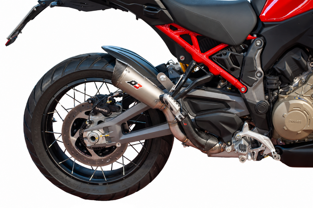 QD Gunshot titanium and carbon fibre road legal slip-on silencer for Ducati Multistrada V4 compatible with OEM panniers