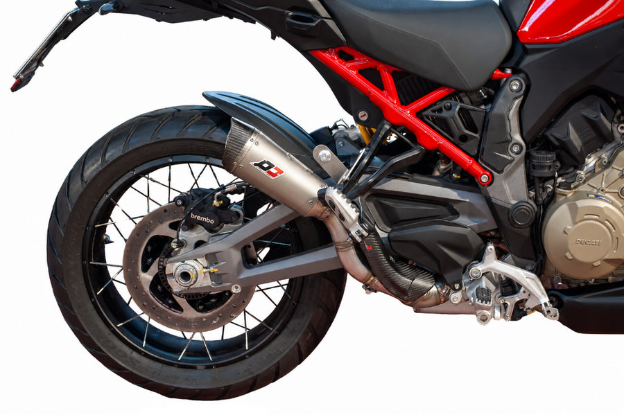 QD Gunshot titanium and carbon fibre road legal slip-on silencer for Ducati Multistrada V4 compatible with OEM panniers