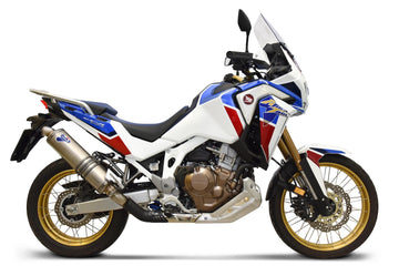Termignoni Titanium Slip-On Silencer for Honda Africa Twin CRF1100L 2020-2023 with exhaust valve link pipe, fixed dB killer and Honda aluminium pannier compatibility