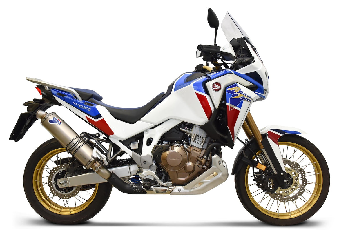 Termignoni Titanium Slip-On Silencer for Honda Africa Twin CRF1100L 2020-2023 with exhaust valve link pipe, fixed dB killer and Honda aluminium pannier compatibility