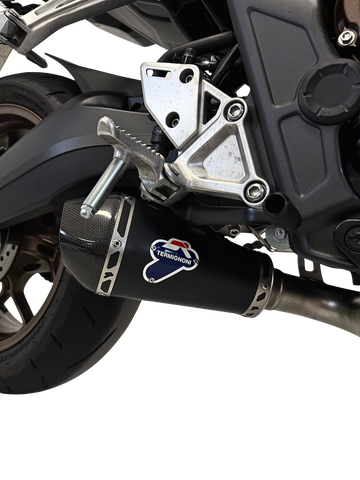Termignoni Relevance Black Stainless Steel Full System for Honda CBR650R 2025-26. Carbon end cap, removable dB killer, weight saving, and race-inspired Termignoni styling.