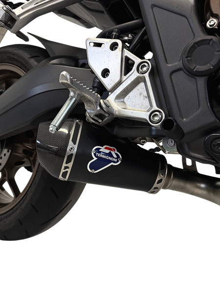 Termignoni Relevance Black Stainless Steel Full System for Honda CBR650R 2025-26. Carbon end cap, removable dB killer, weight saving, and race-inspired Termignoni styling.