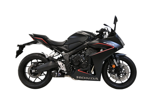 Termignoni Relevance Black Titanium full exhaust system with stainless steel racing headers, conical black titanium silencer and removable dB killer for Honda CB650R 2018–2026
