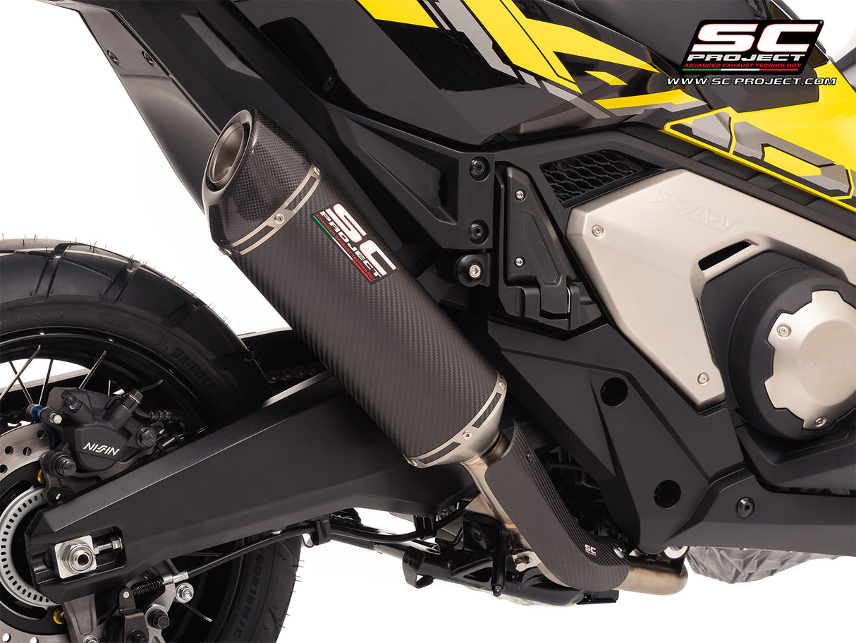 SC-Project oval carbon fibre slip-on silencer fitted to Honda X-ADV 750 2025-2026 with carbon heat shield