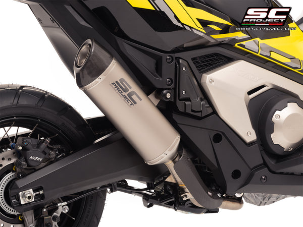 SC-Project oval titanium slip-on silencer fitted to Honda X-ADV 750 2025-2026 with carbon fibre heat shield