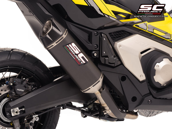 SC-Project SC1-X carbon fibre slip-on silencer fitted to Honda X-ADV 750 2025-2026 with carbon heat shield