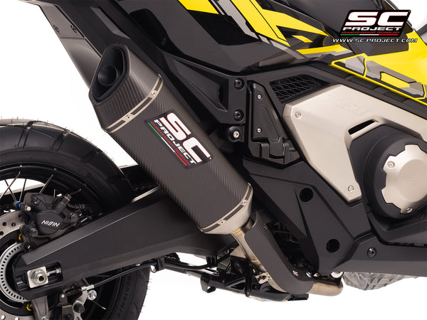 SC-Project SC1-R carbon fibre slip-on silencer fitted to Honda X-ADV 750 2025-2026 with carbon heat shield