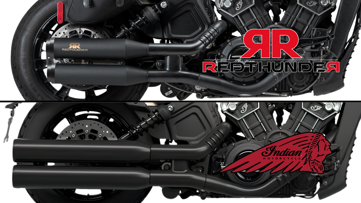 RedThunder Dual Slip-On Exhausts for the Indian Scout (Bobber/Bobber Twenty/Rogue) (2017-24). Available at Motorcycle Performance Store.