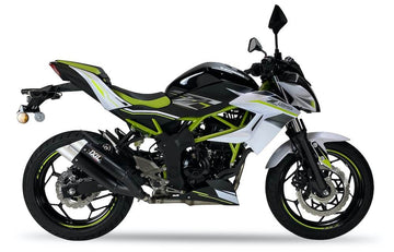 IXIL L3X Black Hyperlow dual-outlet slip-on exhaust silencer for Kawasaki Ninja 125 2019-2026 with two removable dB killers
