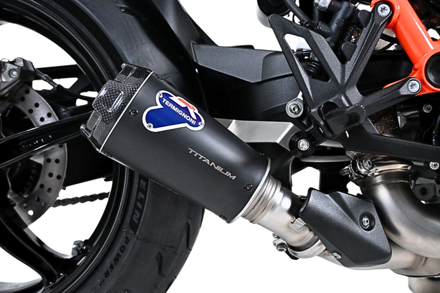 Termignoni GP2R-RHT Black Titanium Silencer KTM 1390 Super Duke R EVO with mesh detailing and stainless steel link pipe