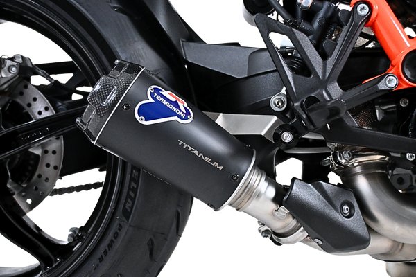 Termignoni GP2R-RHT Black Titanium Silencer KTM 1390 Super Duke R EVO with mesh detailing and stainless steel link pipe