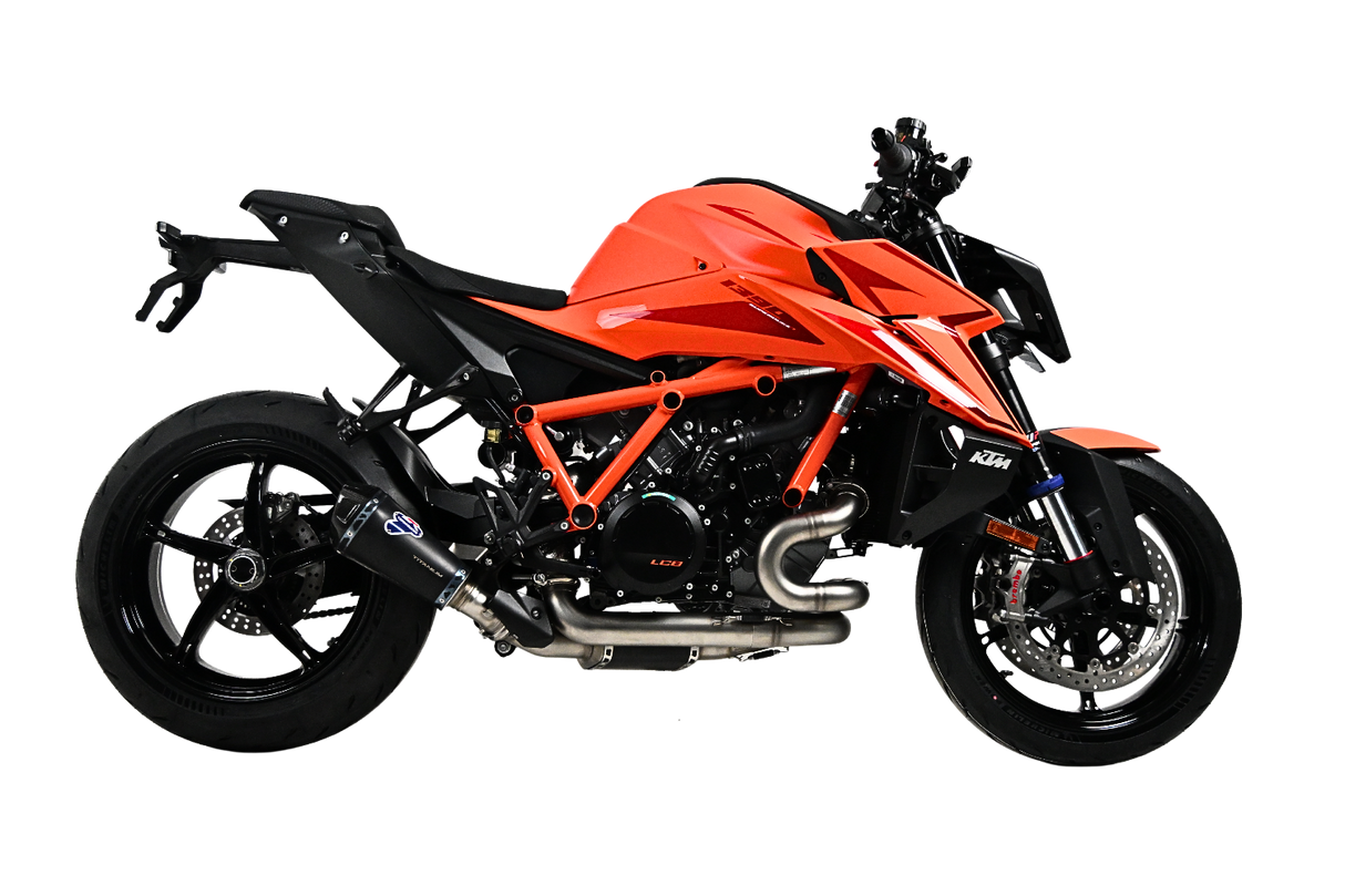 Termignoni Relevance Black Blue Titanium Silencer KTM 1390 Super Duke R with blue riveted straps and removable dB killer_2