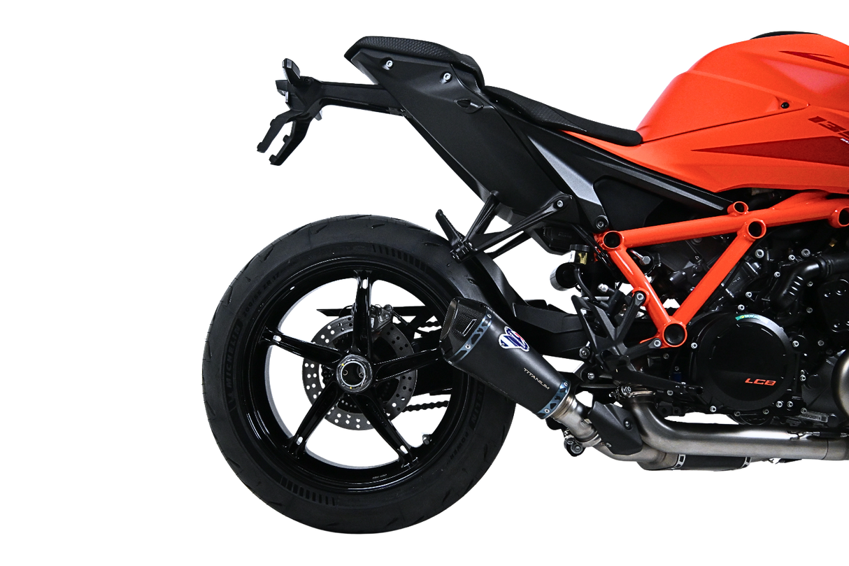 Termignoni Relevance Black Blue Titanium Silencer KTM 1390 Super Duke R with blue riveted straps and removable dB killer_1