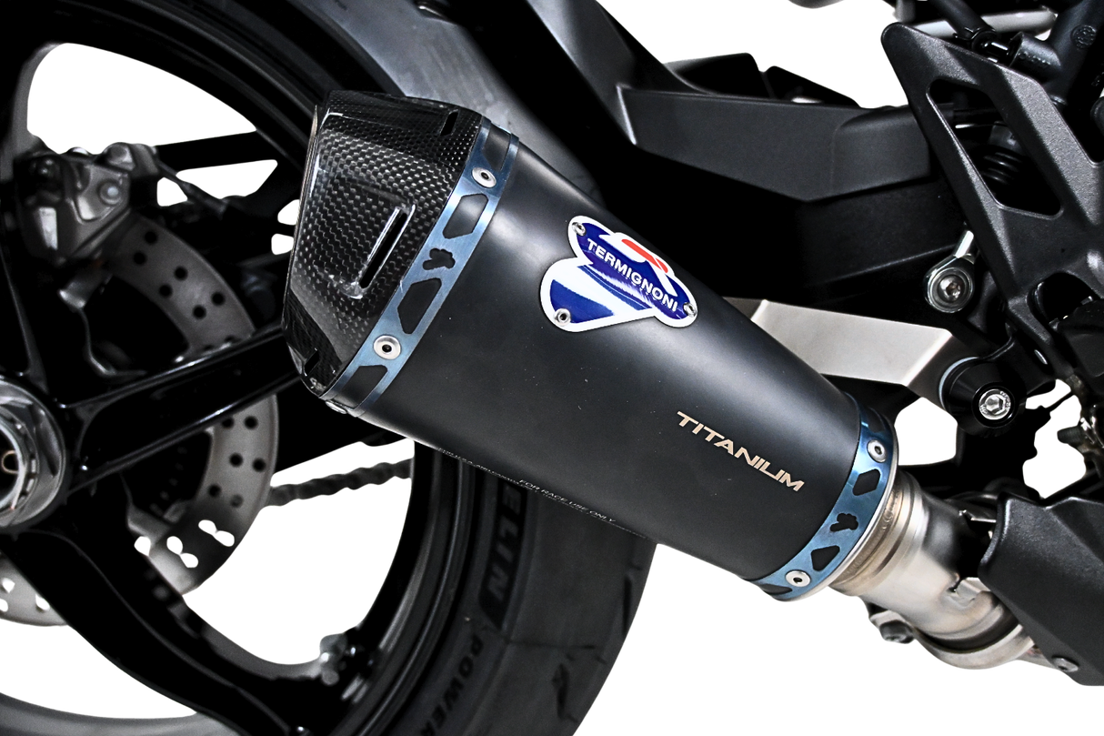 Termignoni Relevance Black Blue Titanium Silencer KTM 1390 Super Duke R with blue riveted straps and removable dB killer